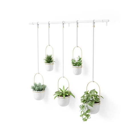 Set de 5 jardineras colgantes con barra blanco