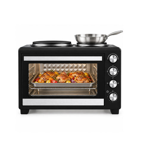 Horno eléctrico de 40 l con doble placa eléctrica, grill, 5 modos de cocción, temporizador de 120 minutos, 100-250 °C y puerta de doble cristal