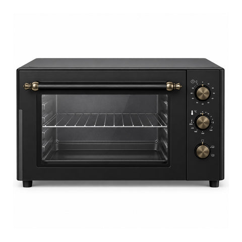 Horno eléctrico de sobremesa de 70 litros con termostato regulable, temporizador con alarma, luz interior, asa de acero y acabado negro mate