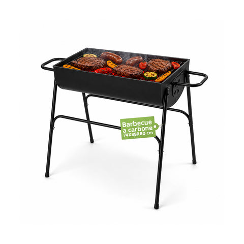 Barbacoa de carbón y leña de acero con patas altas, brasero de 74x38 cm y parrilla de 70x34 cm con amplia superficie de cocción