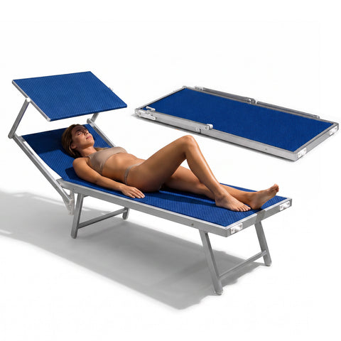 Tumbona plegable de aluminio y textilene con parasol 360° – Respaldo reclinable y capacidad de carga de 150kg