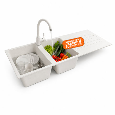 Fregadero de cocina de dos senos con o sin escurridor, blanco o negro, grifo incluido