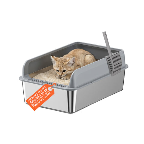 Kit de arenero de acero para gatos - Completo con tapa, pala y bolsa P