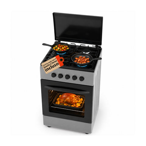 Cocina de gas de 50x50 cm con horno de gas de 49 litros, 4 quemadores de distinta potencia, válvulas de seguridad y tapa