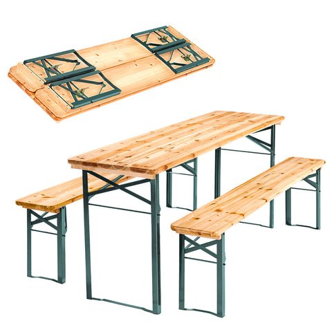 Set de mesa y 2 bancos plegables de exterior de madera