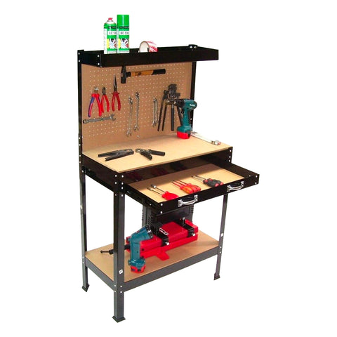 Banco de trabajo de acero con 2 estantes y 1 cajón, respaldo de MDF con 12 ganchos 90x48x140cm
