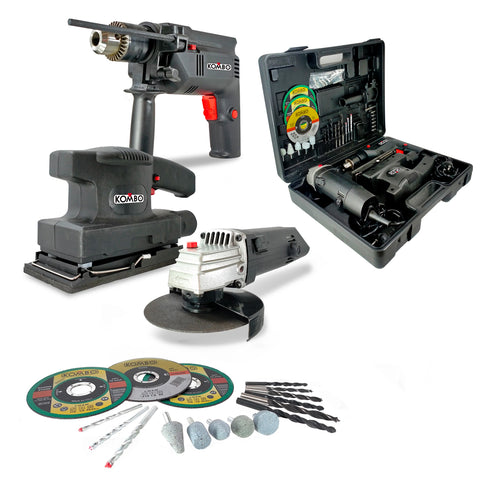 Set de atornillador, amoladora y lijadora con maletín y 50 accesorios 500w