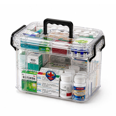 Organizador transparente para medicamentos de 2 niveles con asa y cierre de clip - 8 compartimentos superiores, 23,5x17x13,5 cm