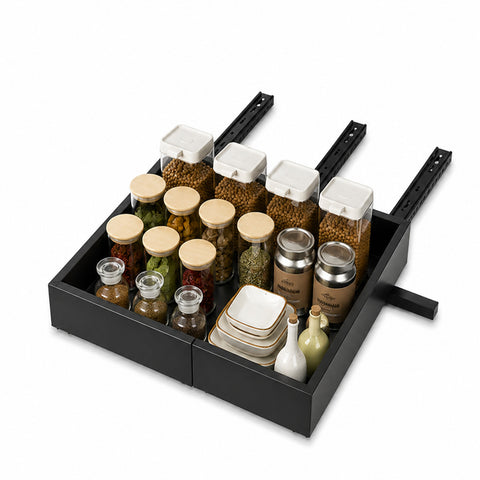 Estante extraíble y extensible negro de metal, 32/52 cm - organizador deslizante para muebles y despensa