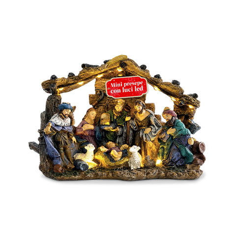 Nacimiento navideño HolyGlow de poliresina con luces LED e interruptor de encendido/apagado, cabaña rústica y base estable, 23x11,5x17 cm