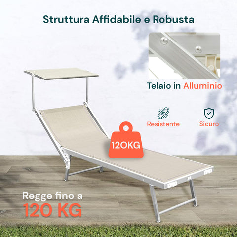 Tumbona de playa plegable con parasol de aluminio 183x61x38cm Beige