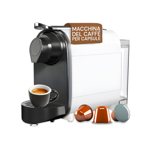 Macchina da caffè DCG compatibile Nespresso per capsule nera con espresso in tazzina e capsule colorate, design compatto elegante