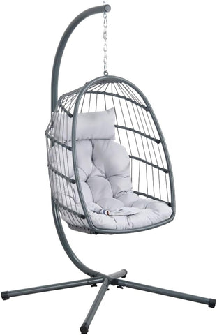 Sillón colgante mecedor de ratán gris con cojines y capacidad de carga de 140 kg