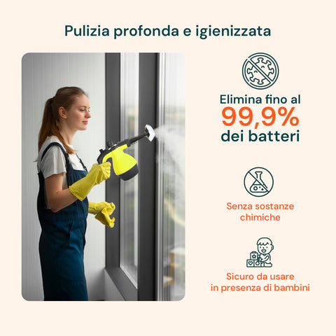 Pulitore a Vapore Portatile 100° 1050W Serbatoio 350ml con Riscaldamento Rapido e 7 Accessori Inclusi, Giallo  e Nero Ean 8059300010181
