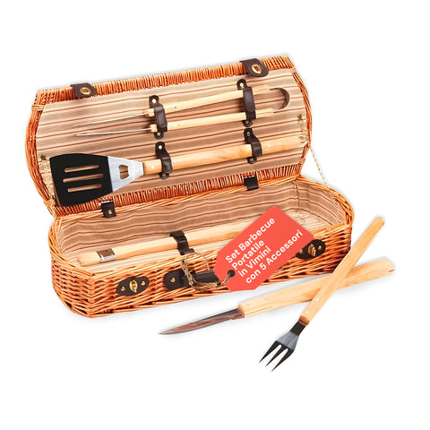 Cesta Set Barbacoa Portátil Con 5 Accesorios En Maletín De Mimbre