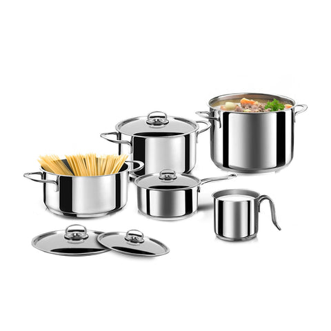 Set de ollas de 9 piezas de acero inoxidable 18/10 con ollas, cacerolas y hervidor de leche