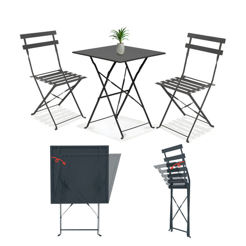 Conjunto de salón Koby con mesa y 2 sillas plegables de metal antracita