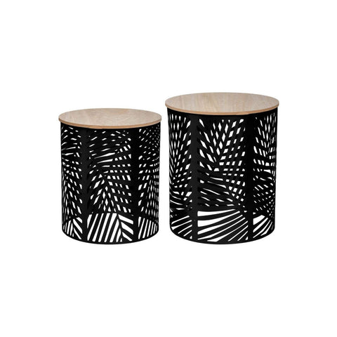 Set de 2 mesas auxiliares apilables de madera y metal negro