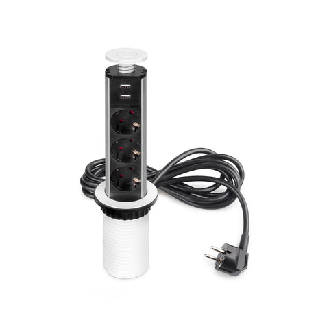Regleta escamoteable vertical de escritorio EU con 3 tomas Schuko y 2 puertos USB ø 6cm blanca