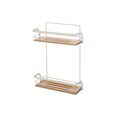 Estante rectangular para ducha de 2 niveles de bambú y acero blanco 26x36x10cm