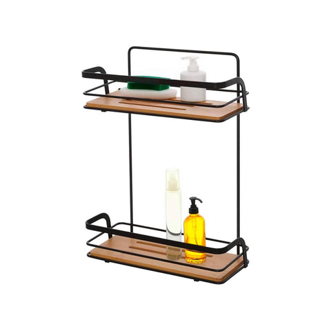 Estante rectangular para ducha de bambú con 2 baldas, de acero negro, 26x36x10cm