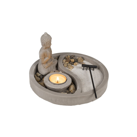 Giardino zen Yin Yang su piatto con portacandela e Buddha in cemento 19x12cm