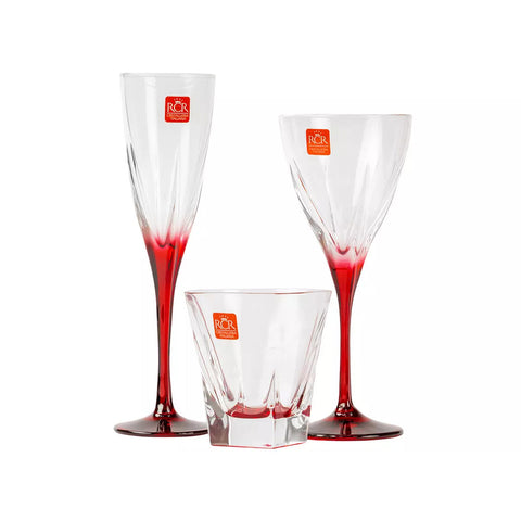 Set de 6 copas de vino, 6 flautas y 6 copas con tallo Fusion rojas
