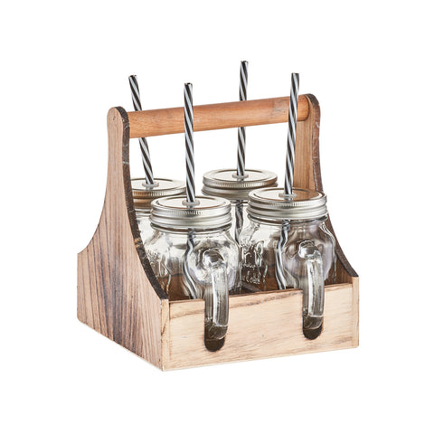 Cesta tipo cajón, bandeja con 4 botellas de vidrio